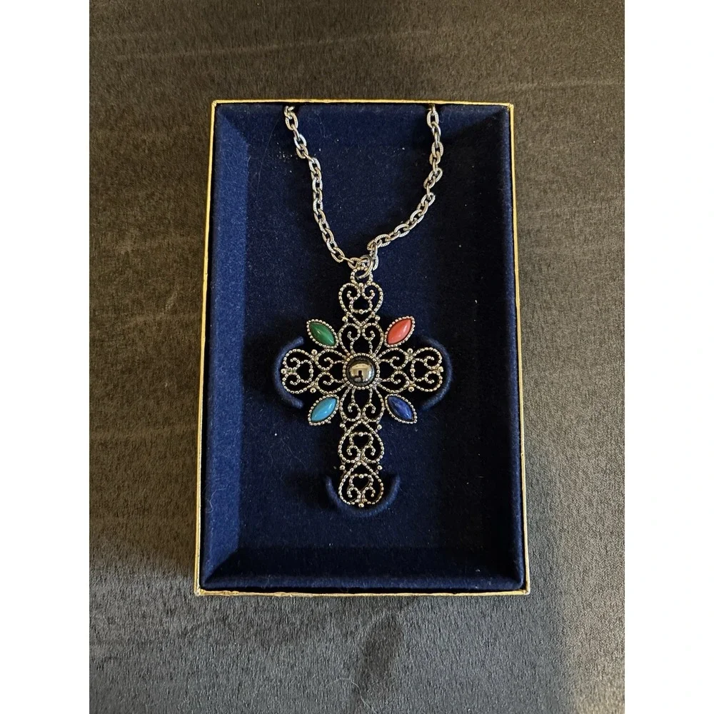 Avon Silver Tone Cross Pendant Necklace w/ Multicolor Accents - New In Box